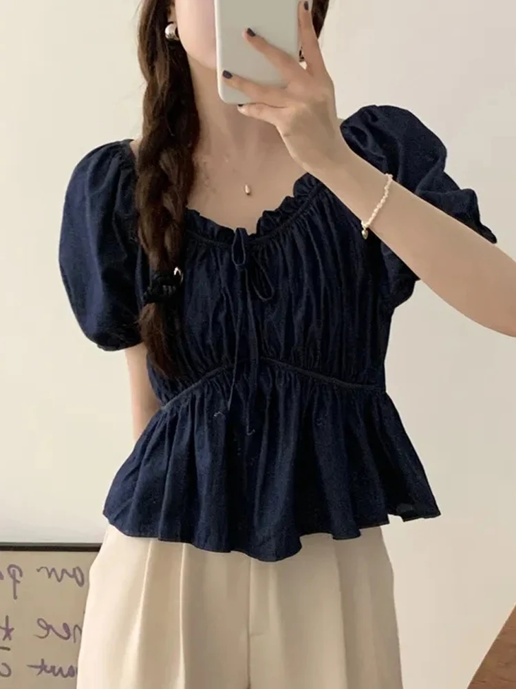 

Summer Bubble Sve Denim irt Women's Elastic Waist ort irt Korean Sle Loose Fit V-Ne Pure Color Korean Faion