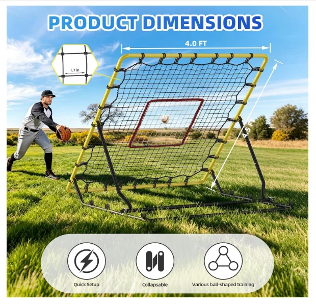 4x4.5 Ft Baseball Rebound Net with 4 Angles, Pitch Back Net for Soccer Softball, Portable Bounce Back Fielding Trainer
