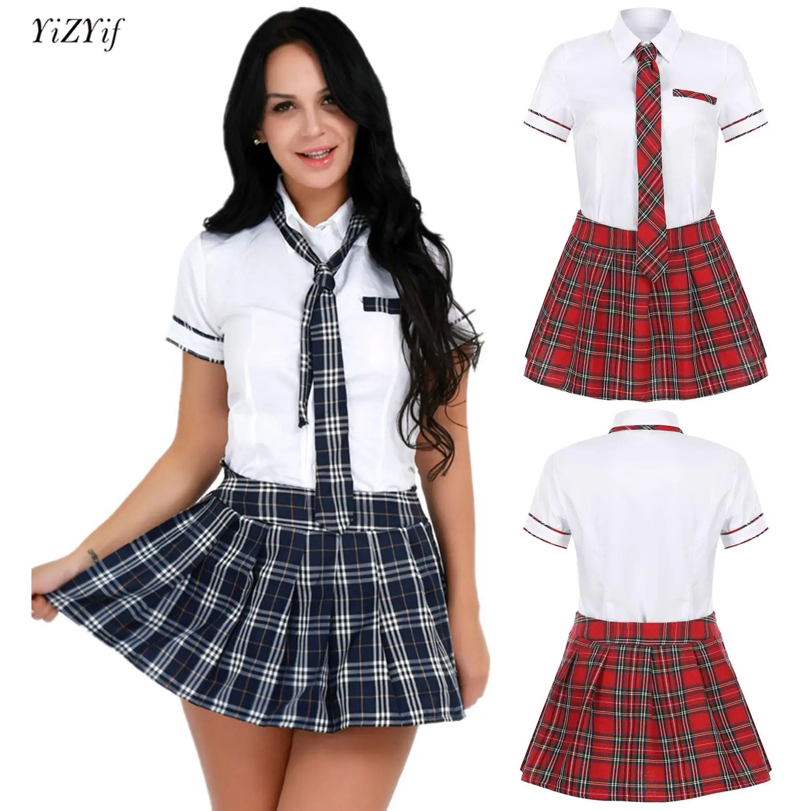 

Womens Schoolgirl Uniform Outfit for Party Cosplay Student Cheerleader Costume Short Sleeve Shirt Tops+Pleated Miniskirt+Tie Set