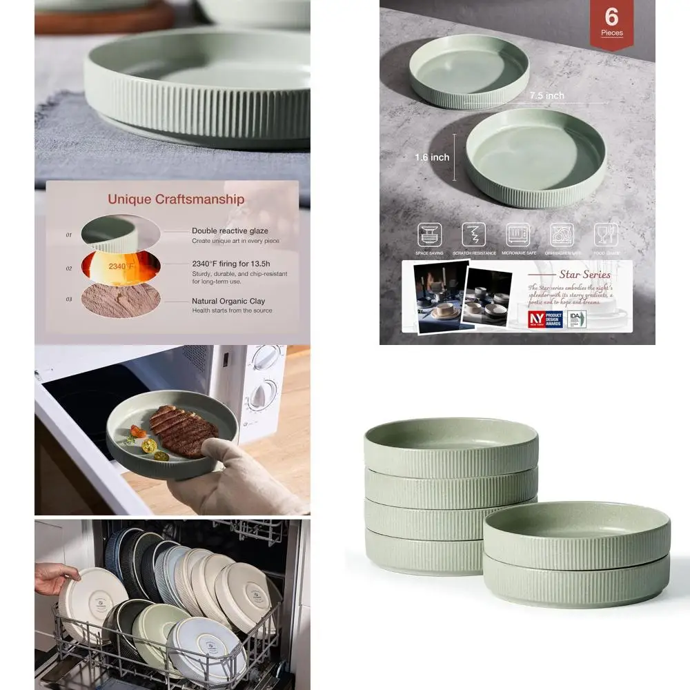 

Set of 6 Light Green 7.5 Pasta & Salad Bowls, Double Reactive Glaze, Stackable, Ideal for Housewarming, Thanksgiving, Christmas