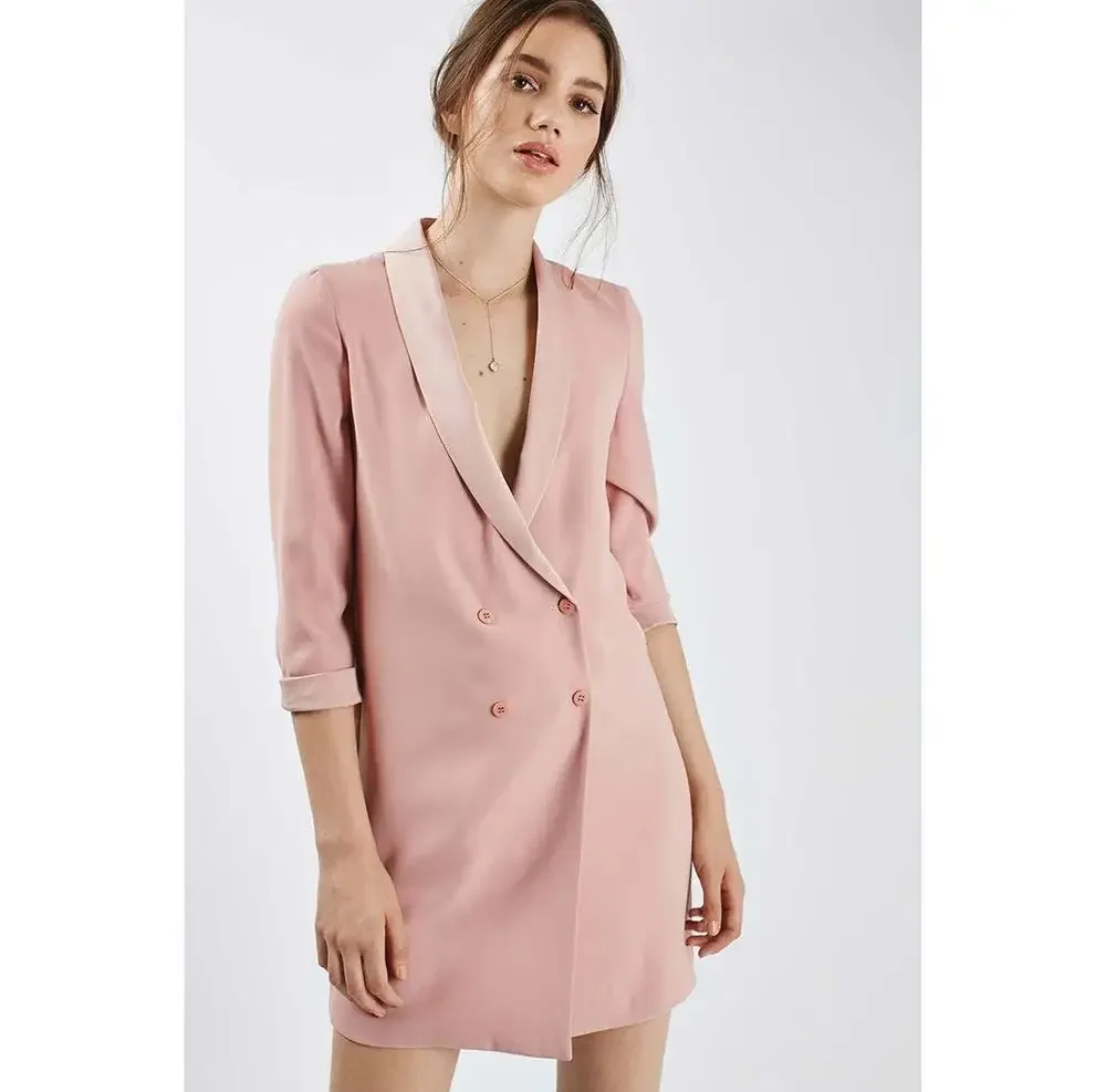 Light Pink Double Breasted Women's Jacket Fashion Formal Casual Office Lady Long Coat Slim Fit Only 1 Blazer