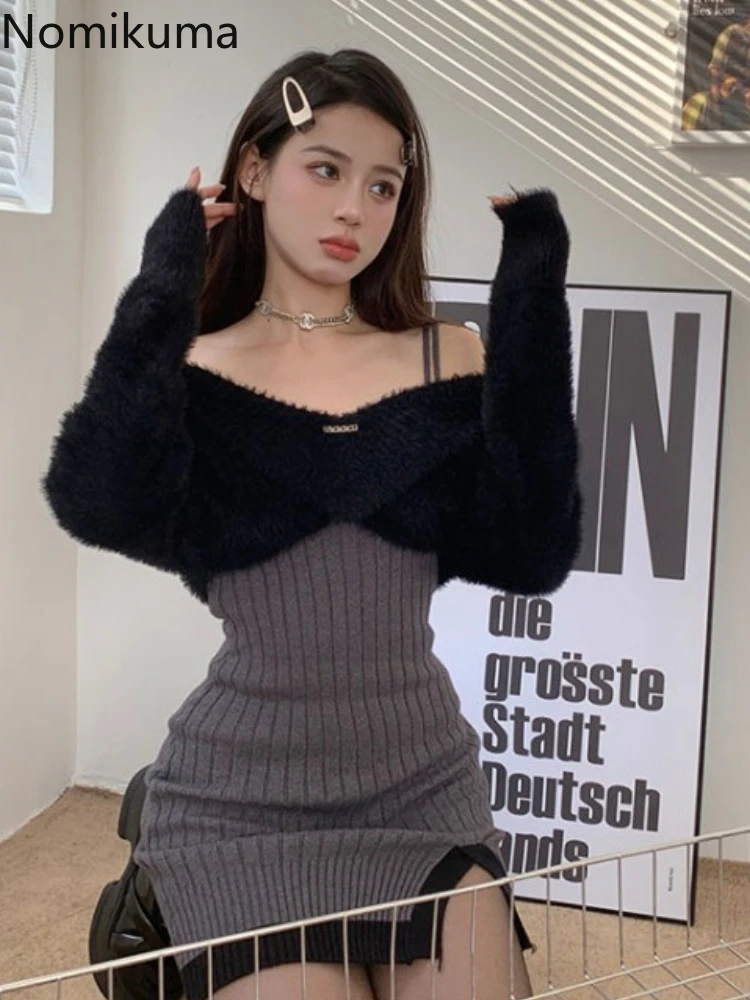 Women Clothing Knitted Two Piece Set Slash Neck Furry Cropped Pullovers Tunic Split Bodycon Mini Dress Outfits Fashion Sexy Suit