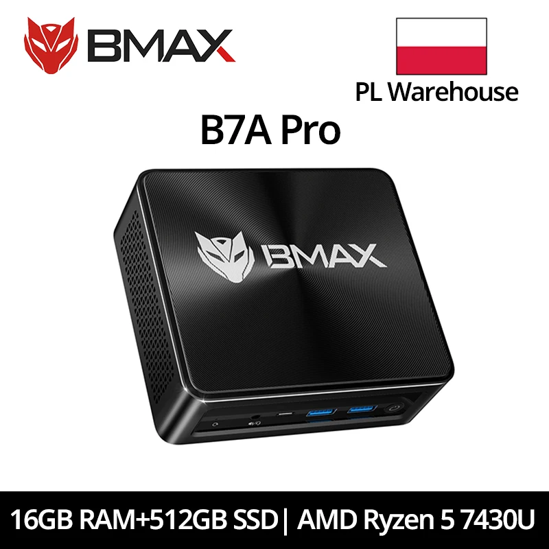 BMAX B7 A Pro Mini PC Procesor AMD Ryzen 5 7430U Grafika AMD Radeon 16 GB RAM 512 GB SSD Windows 11 USB HDMI Type-C Bluetooth DP