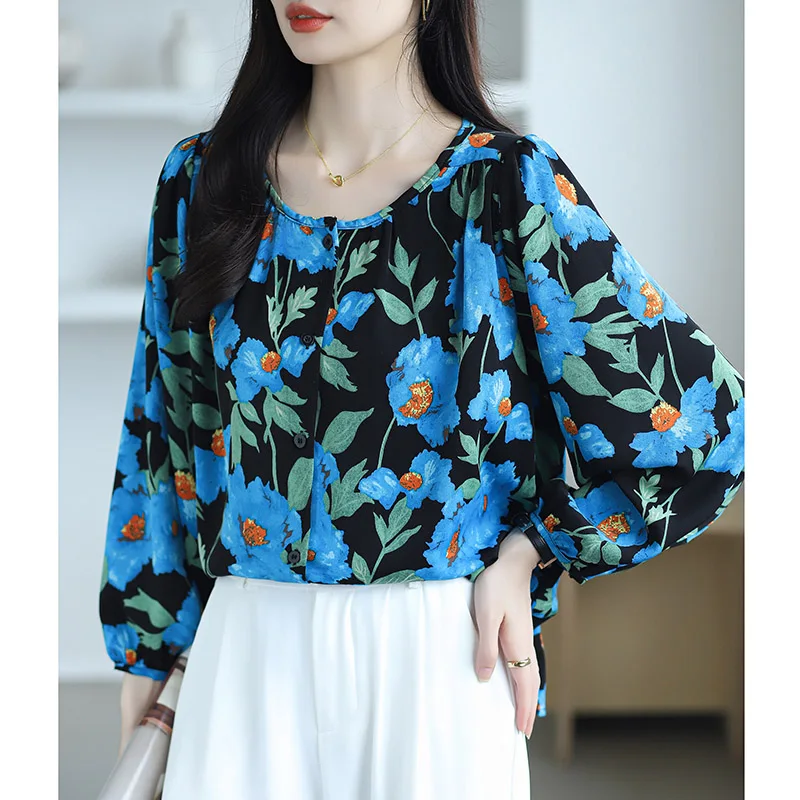 Women Clothing Loose Casual Oversized Print Shirt Autumn Fashion All-match O-neck Long Sleeve Blouses Office Lady Chiffon Tops