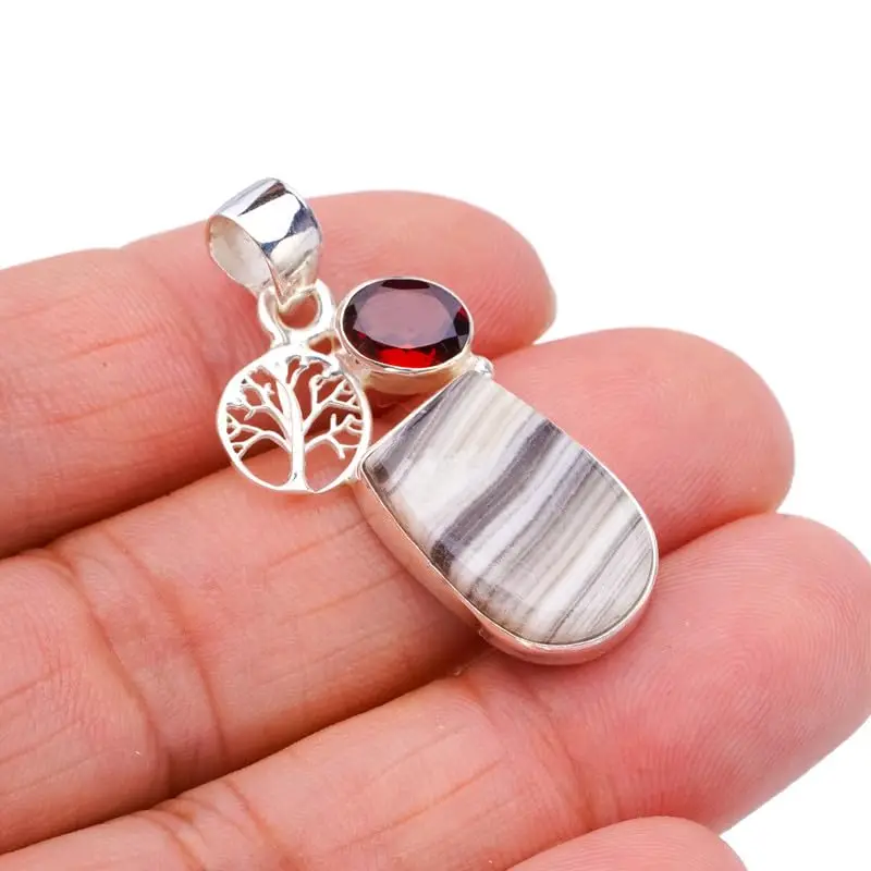 

Hesy® Natural Zebra Calcite Garnet Tree Handmade 925 Sterling Silver Pendant 1.5" F4582