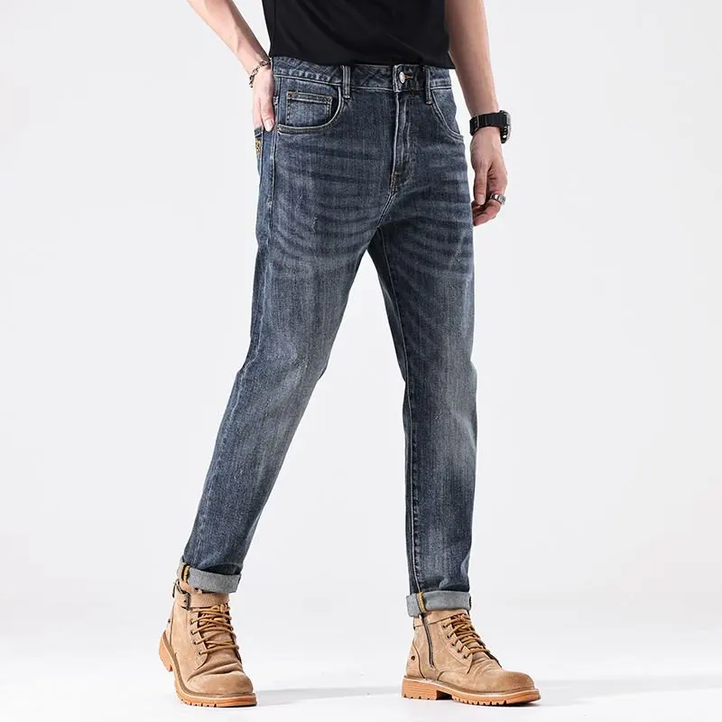 20252024 New Embroidered Printed Jeans Men, Light Luxury Trendy Fashion Versatile Stretch Slim Straight Long Pants
