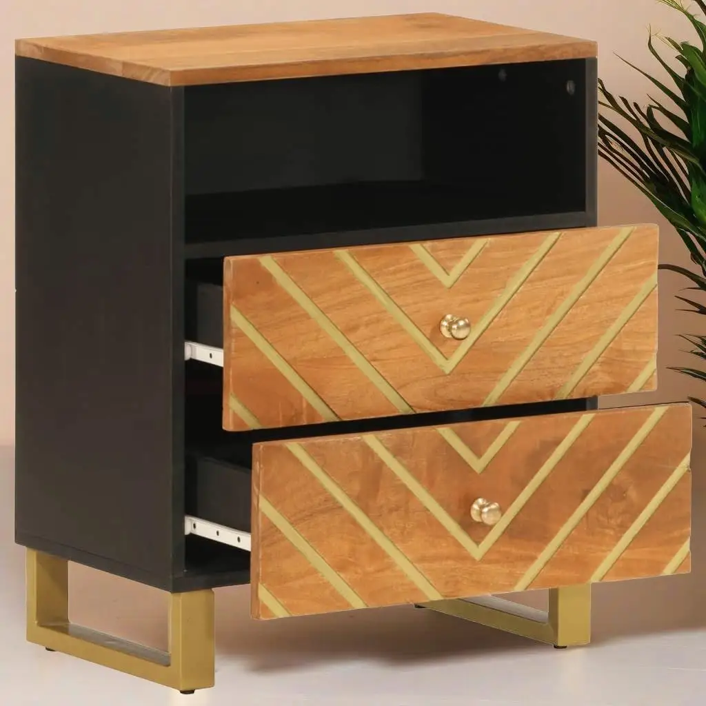 Brown and Black Bedside Cabinet 50x33x60 cm - Solid Mango Wood Nightstand