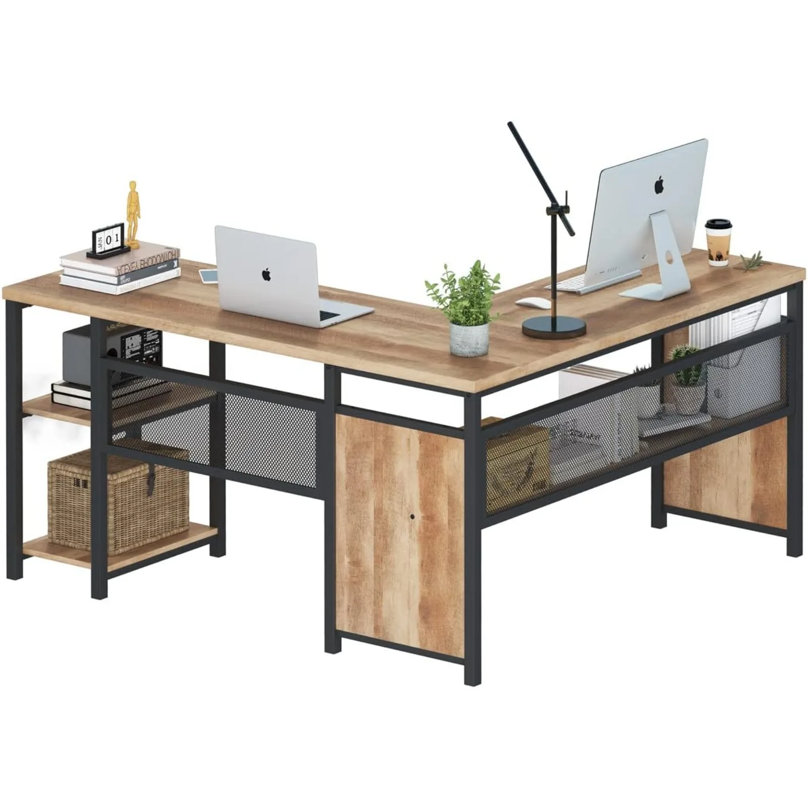 

US FATORRI L Shaped Computer Desk, Industrial Office Desk with Shelves,