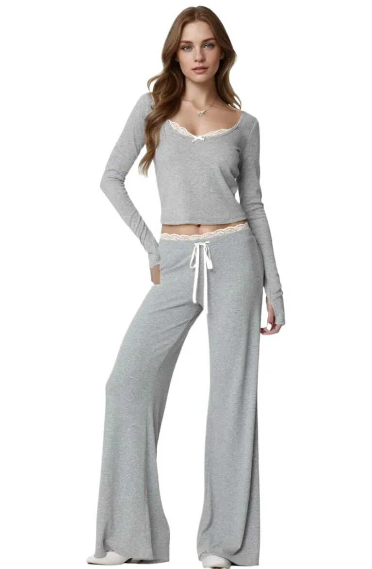 

2 pieces 1 Set Autumn Gray Spliced Lace O neck Knitted Cotton Pullover T-shirt Women Elastic Waist Full Length Wide Leg Pants