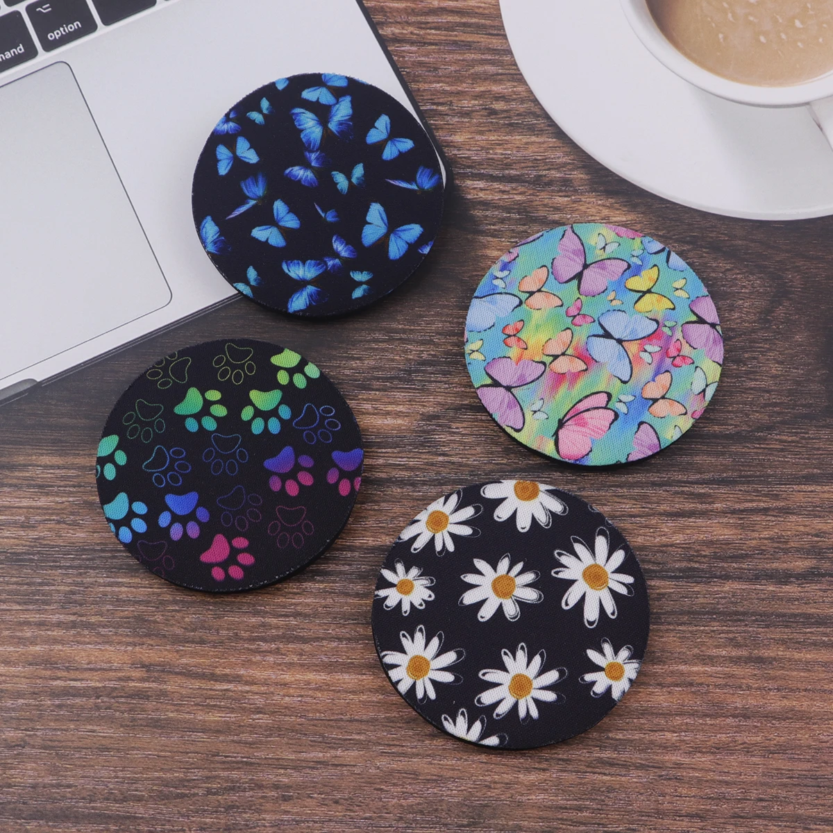 

2pcs Colorful Butterflies Non-slip Cup Mat Dog Paw Print Car Coaster Daisy Flowers Cup Holder Accessories for Car Interior