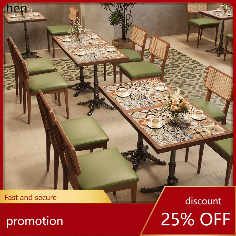 Commercial retro western restaurant wall-mounted sofa booth, Southeast Asian style cafe dessert shop solid wood dining table