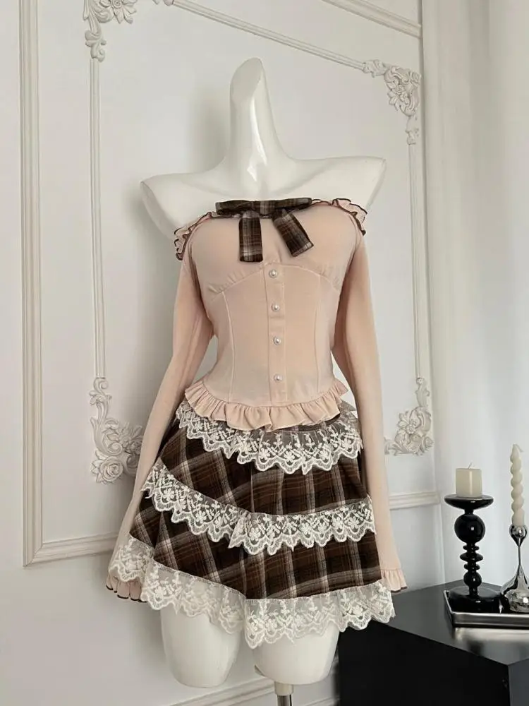 

Женская осенняя мода цвета хаки с открытыми плечами и длинными рукавами, винтажные топы с оборками и бантом + коричневая лоскутная юбка в клетку, новый костюм