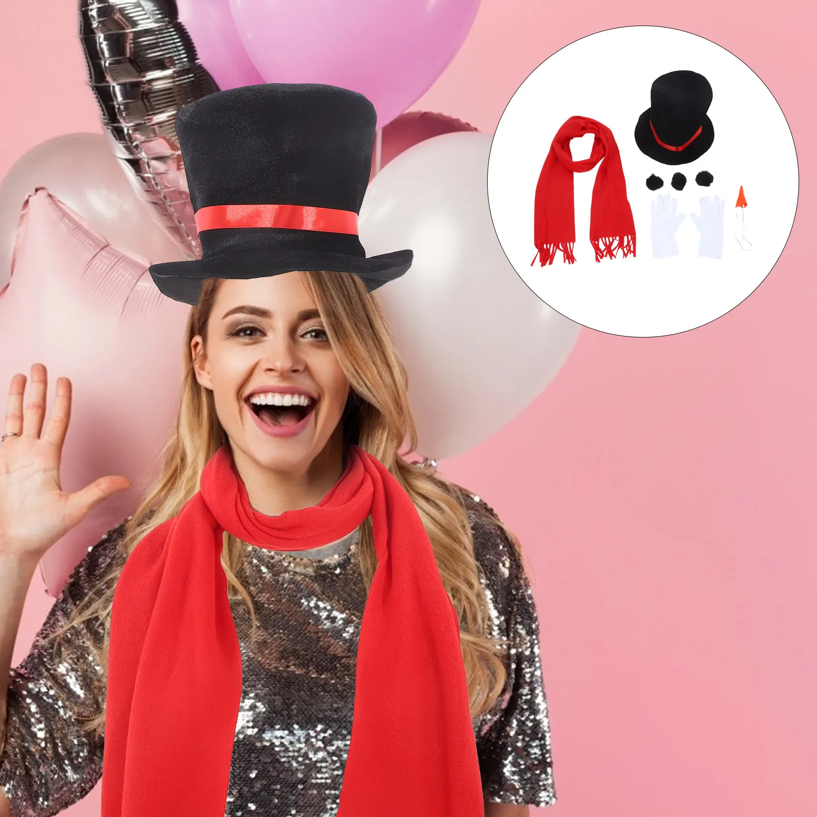 مجموعة واحدة من أزياء رجل الثلج، زي فاترة لشتاء عيد الميلاد، قبعة رجل الثلج، قفازات أنف الجزرة، وشاح بوم، فستان الحفلات #1