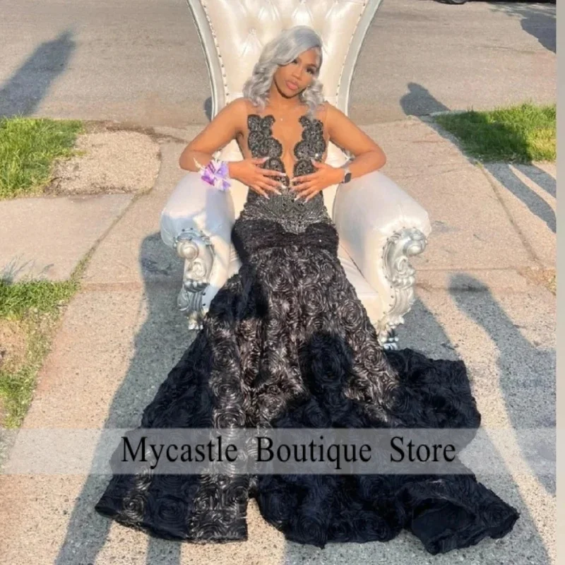 

Customized Black Floral Mermaid Prom Dress Silver Sequins Beaded for Black Girls Party Gowns Vestidos De Fiesta P55