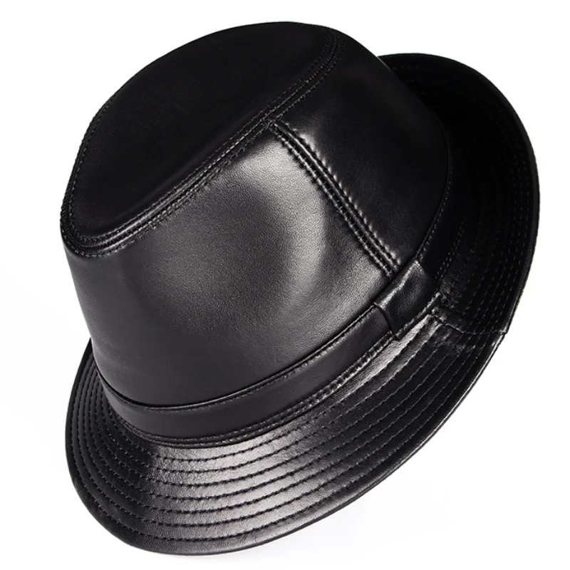 New 2024 Man High Quality Genuine Leather Jazz Fedora Gentleman Cow Skin Short Brim Black/Brown Top Hat Male Shows Topper