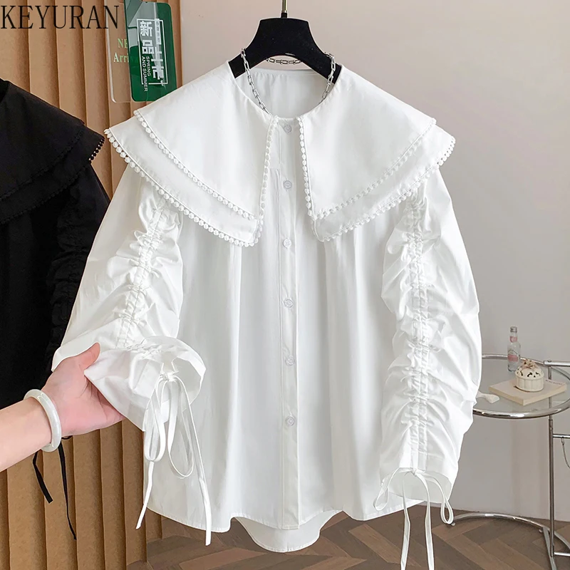 

2026 Spring Autumn Women Doll Collar Blouse Korean Female Loose Solid Color Shirt Tops Lady Fashion Lantern Sleeve Shirts Camisa