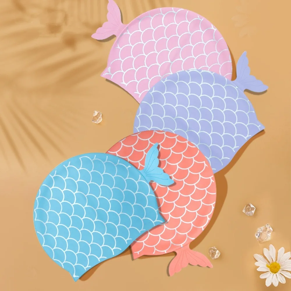 Cute Soft Silicone Children Swimming Cap Mermaid Tail Non-slip Girls Swim Hat High Elastic Waterproof Swim Pool Hat Kids