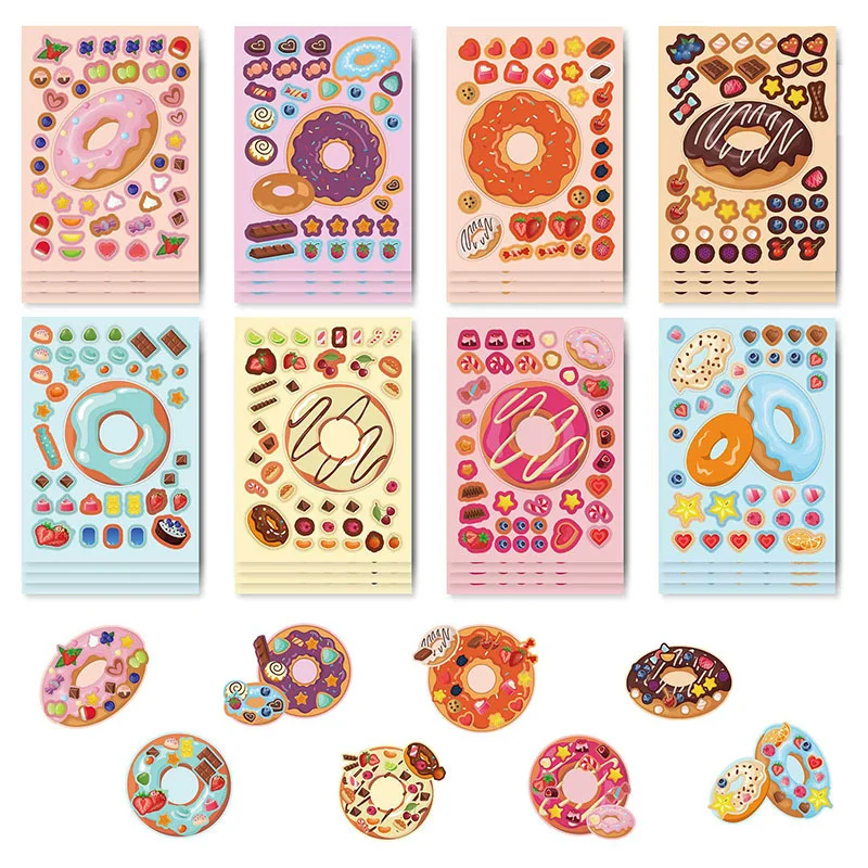 Donut Stickers Sheets Set Creative Kids DIY Make Your Own Doughnuts Treats Sweets Sticker Children Birthday Party Games Gifts