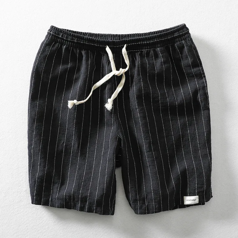 Calção casual de linho algodão masculino, confortável calça listrada com cordão, fina praia, respirável, feriado, cor vendida, verão