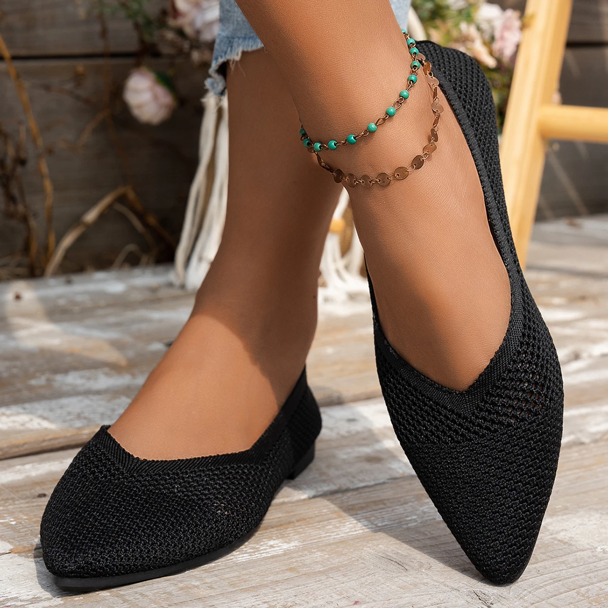 Neue Frauen Spitz Wohnungen Schuhe Casual Atmungsaktive Ballett Turnschuhe Frauen Leichte Einfarbig Gestrickte Slip auf Damen Loafer – Detail 7