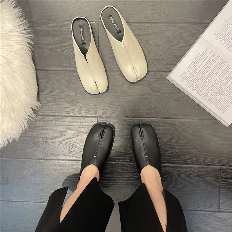 Women Split Toe Slippers Tabi Ninja Slip Flats Round Toe Shallow Lazy Black Slip On Boat Slingback Mules Shoes Soft Loafers