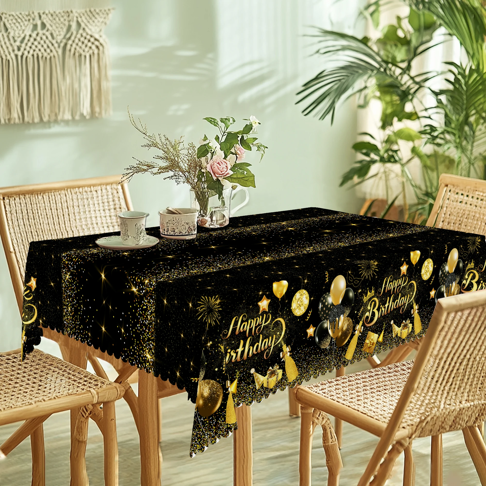 1 Piece, Round/Rectangular Luxury Birthday-Themed Polyester Tablecloth + 4 Self-Adhesive Stickers, Luxurious and Glamorous Gold-Black Color Scheme, Bright Yellow Balloon Champagne Gift Box Print, Embossed Edges, Suitable for Home Kitchen, Living Room Dining Table, Balcony Coffee Table, Holiday Party Table Decoration, Outdoor Picnic Decoration, Coffee Table Decoration Tablecloth Table Cover, Perfect Holiday Gift, Spring, Summer, Autumn, Winter Tablecloth Decoration, Birthday Decoration Sr002
