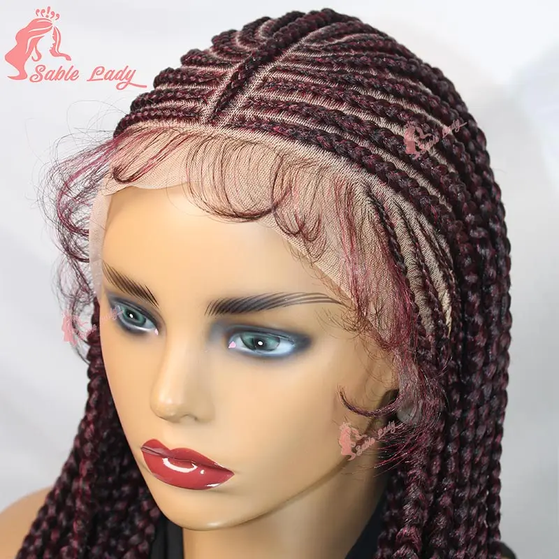 Cornrow Braided Wigs Box Braids Wig Synthetic Full Lace Knotless Braided Wig for Black Women Burgundy Lace Front Braiding Wig