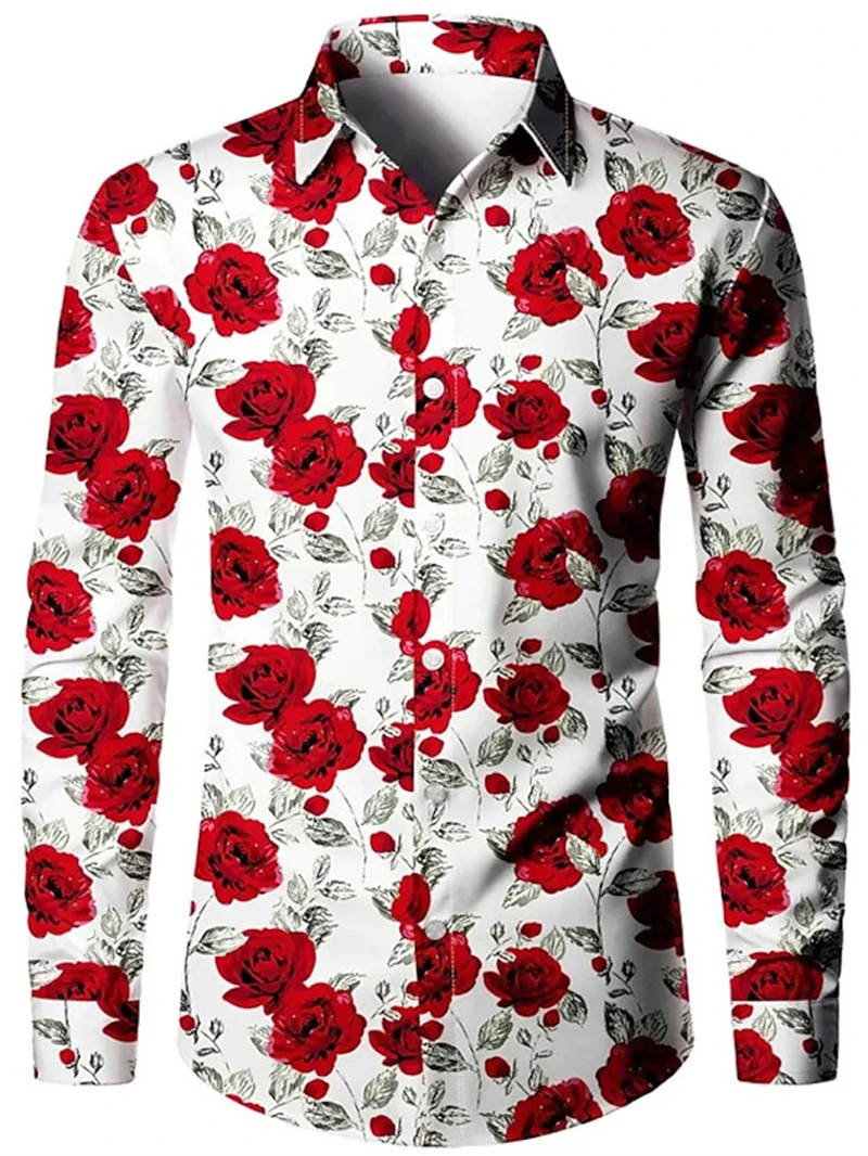 Camisa de manga comprida com estampa de rosa vermelha masculina, moda versátil casual, lapela de rua, peito único