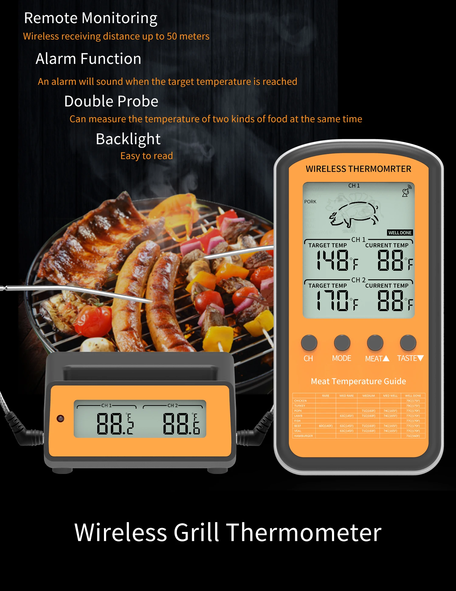 Digital BBQ Dual Probe Meat Thermometer,Wireless Thermometer for Water,Barbecue,Oven,Cooking,Kitchen Timer,Temperature Alarm