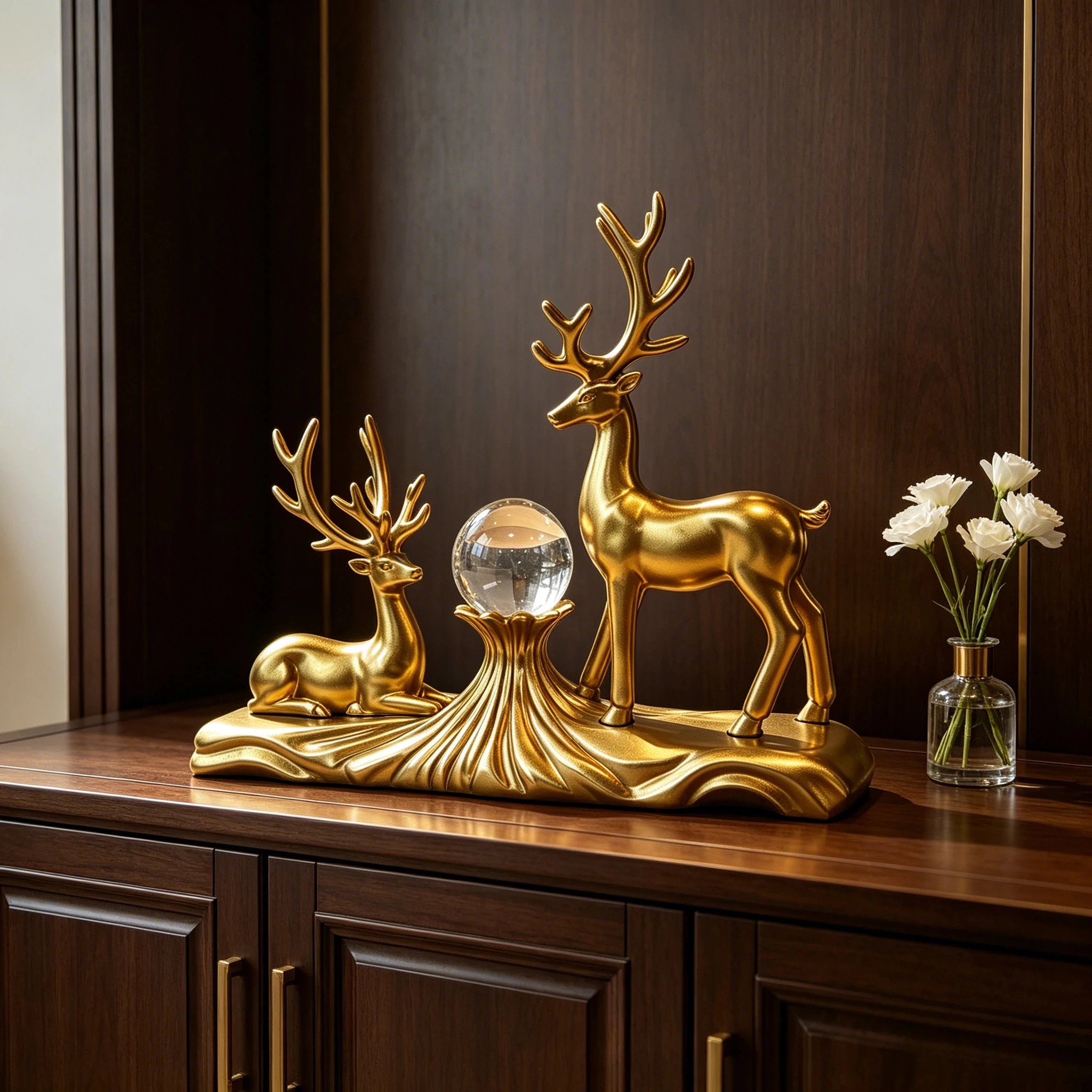 Modern Light Luxury Golden Double Deer Crystal Ball Resin Desktop Ornament, Made of High-Density Sturdy Resin Material, Suitable for Living Room Coffee Table, Study Room, Office Desk Decor. a Customer's Gratitude Gift for Partners, a Decent Gift for Elders to Celebrate Birthdays, Featuring a Double Deer Design That Symbolizes Companionship, Prosperity, and a Bright Future