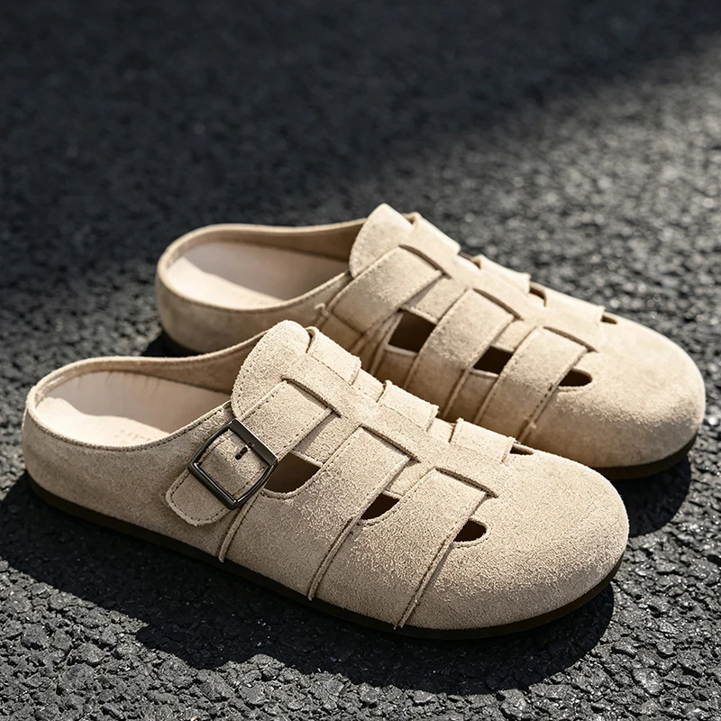 New Cow Suede Men Potato Shoes With Adjustable Strap Cork Insole Mules Outdoor Unisex Clogs Slippers With Arch Support