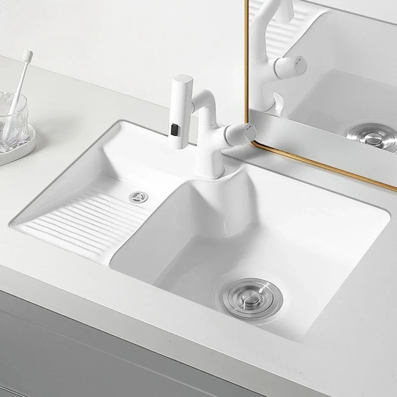high quality Ceramic Bathroom Sinks Undercounter Balcony Laundry with Rubbing Board Home Embedded Wash Basin Single Sink