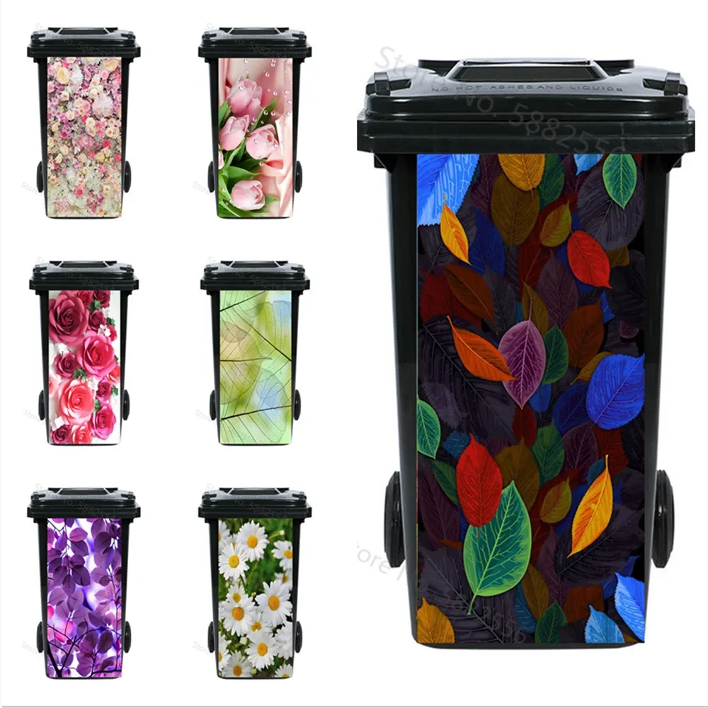 Autocollants de poubelle de cuir chevelu de fleurs, papier peint de poubelle extérieure pour la cuisine de 120L Kampl, magasin ouvertement, autocollants à la maison, paysage extérieur