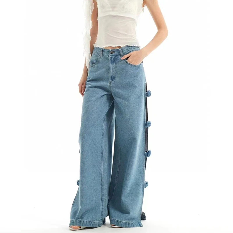 Women's Handmade Flower Split Jeans, Fashion Versatile Casual Wide Leg Pants, High Quality Cotton, 2024, Summer, New, y2k