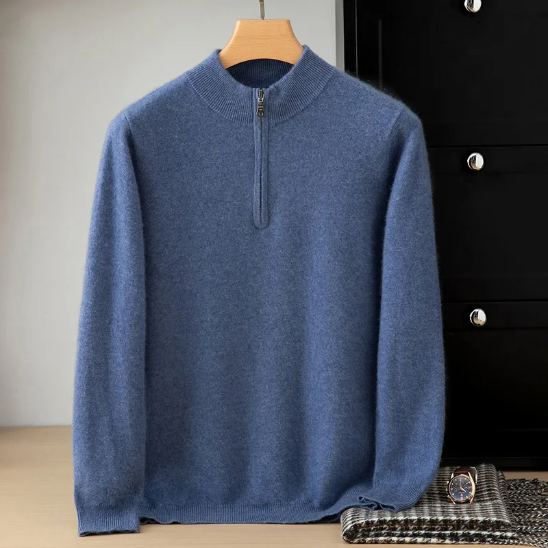 Light luxury Cashmere Men's Half High Neck Half Zipper Loose Knit Sweater, Medium Thick, Soft Warm, Versatile Autumn Winter