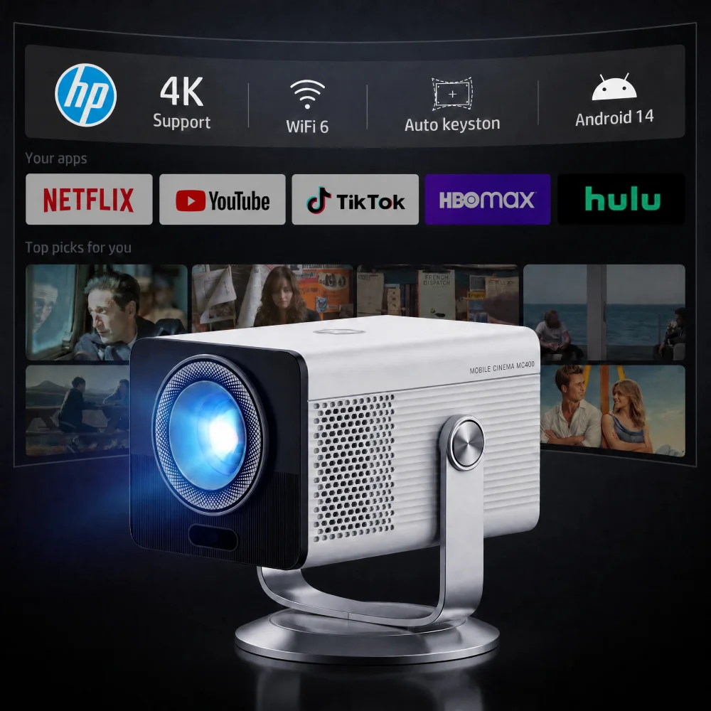 Official HP Short Throw Projector, Design For Small Space, MC400, WiFi6, BT5.4, Type-C Power Bank Compatible, For bedroom,