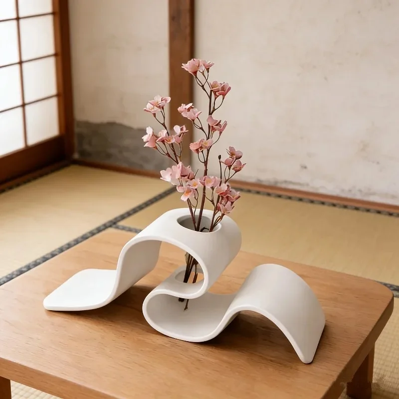 1pc Modern Minimalist Curved 3D Printed Vase Creative Ribbon-Shaped Dried Flower Holder Nordic Style Desktop Decorative Vessel
