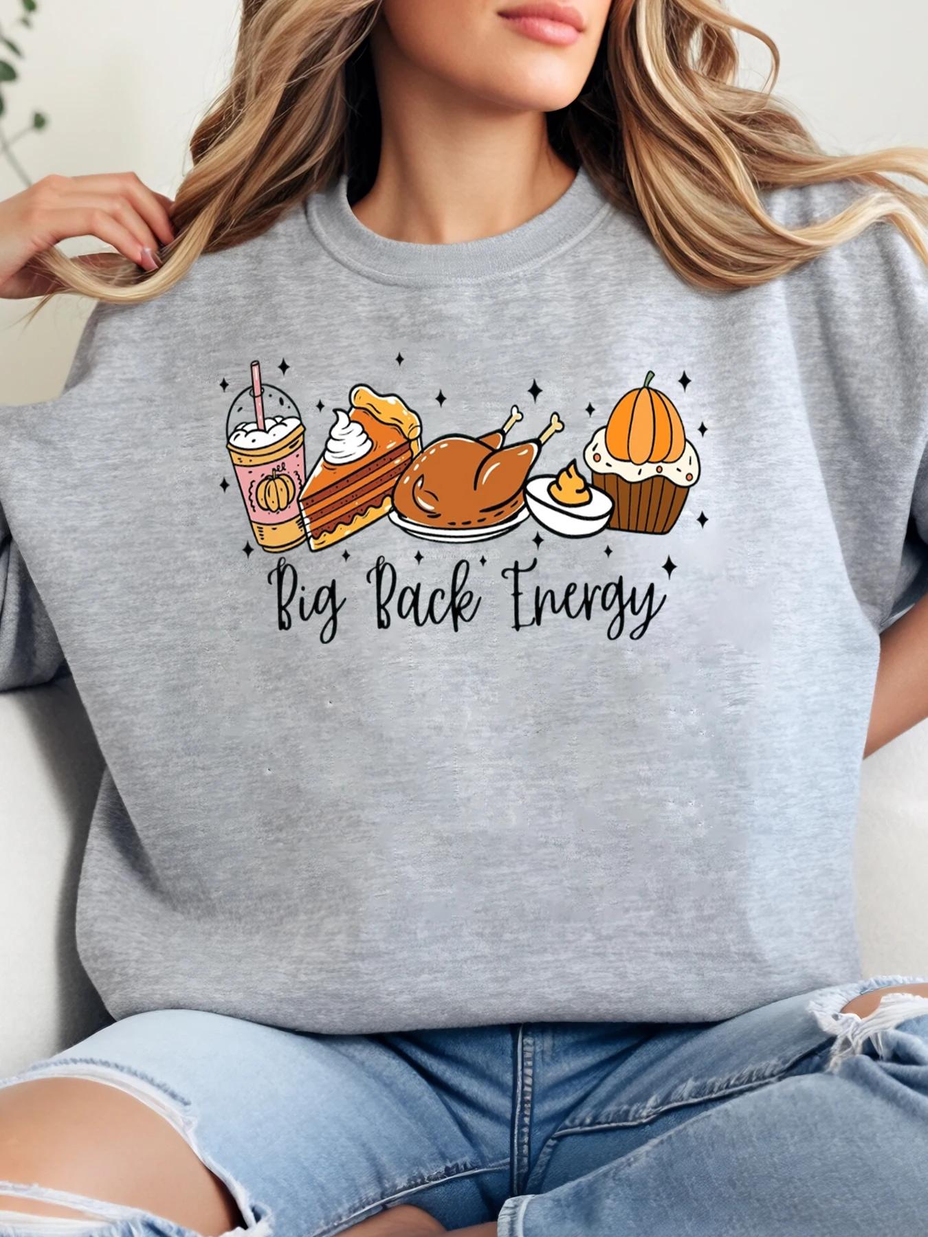 

Тыквенный пирог, Турция, кекс и напиток, толстовка с круглым вырезом на День Благодарения, женская повседневная осенняя одежда, серая, больших размеров