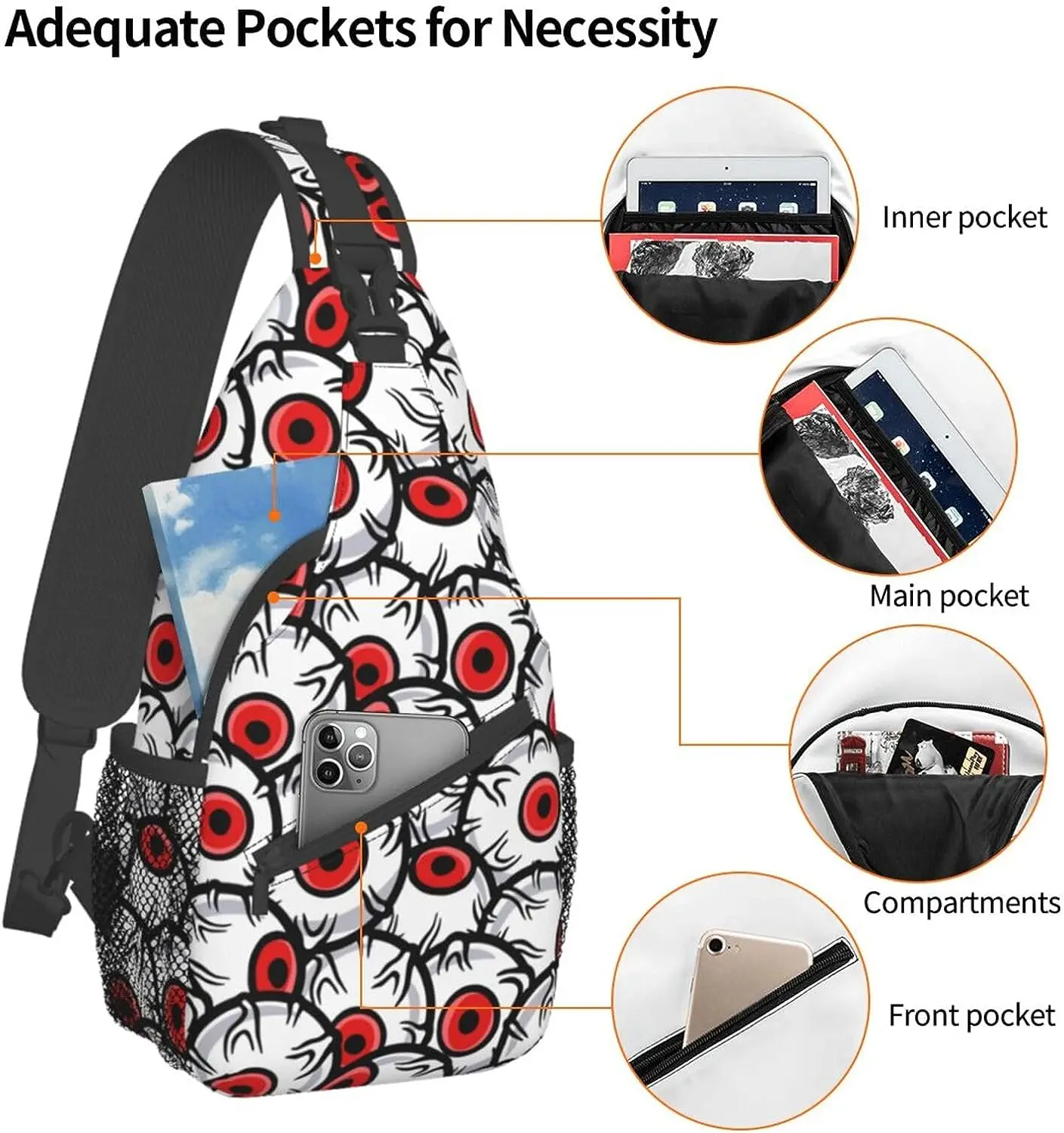 Horror Eyes Halloween Slingtas Voor Dames Heren Verstelbare Crossbody Rugzak Casual Daypacks Borsttas Polyester Casual