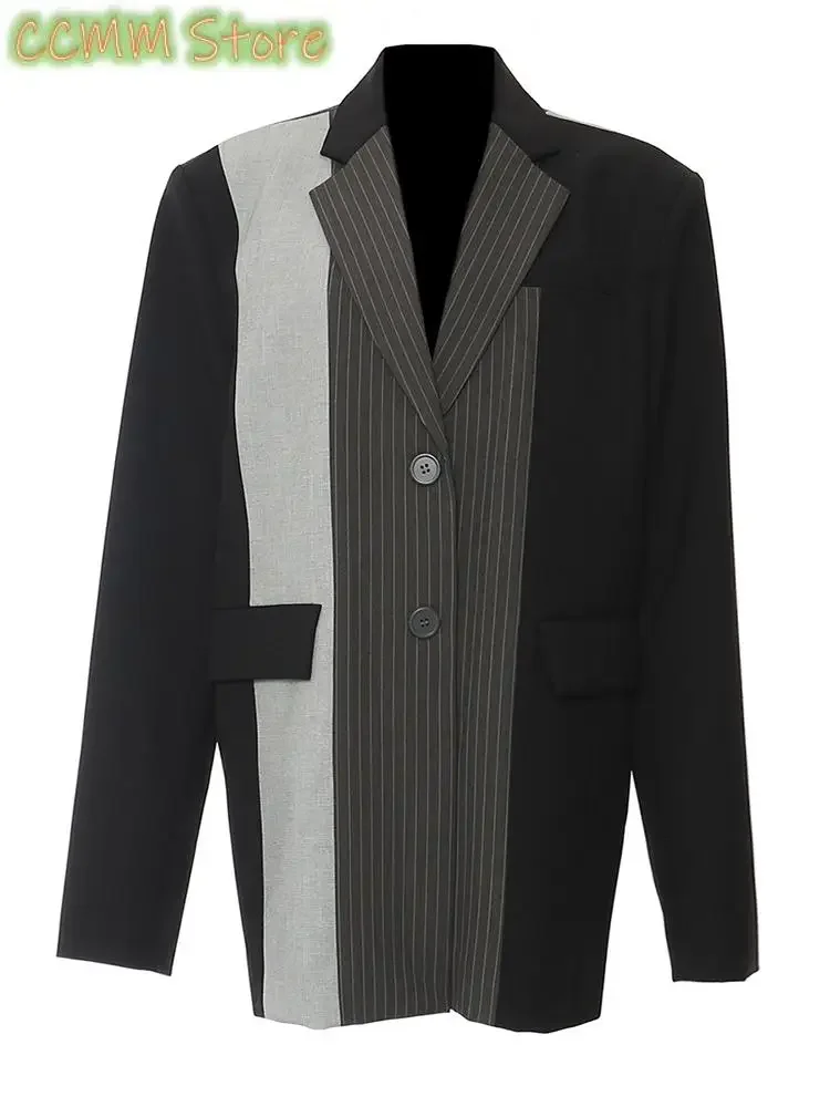 

Black Gray Striped Color-block Big Size Jacket New Lapel Long Sleeve Women Coat Fashion Tide Spring Autumn