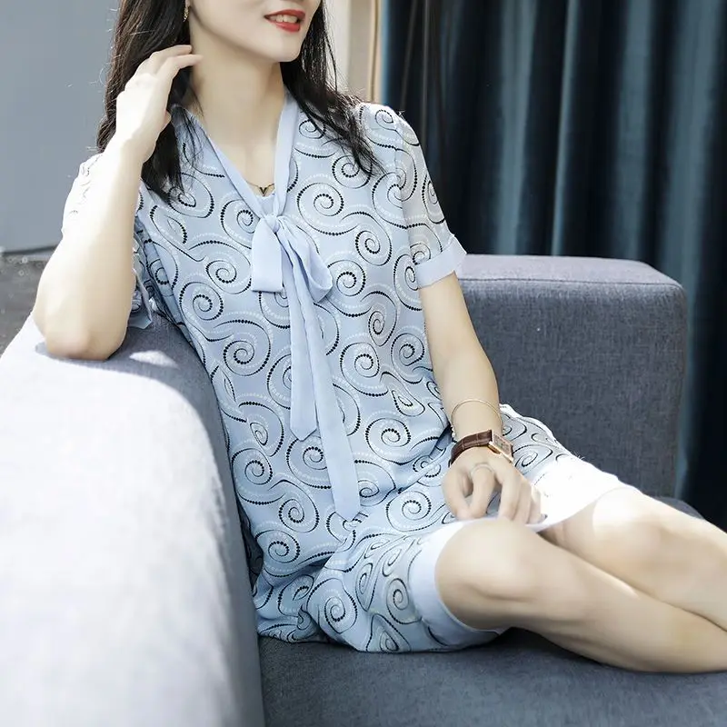 Women's Clothing Paisley Print Lace Up Bow Elegant Chic Sweet Dresses Summer Fashion Simple Casual Loose Short Sleeve Midi Dress