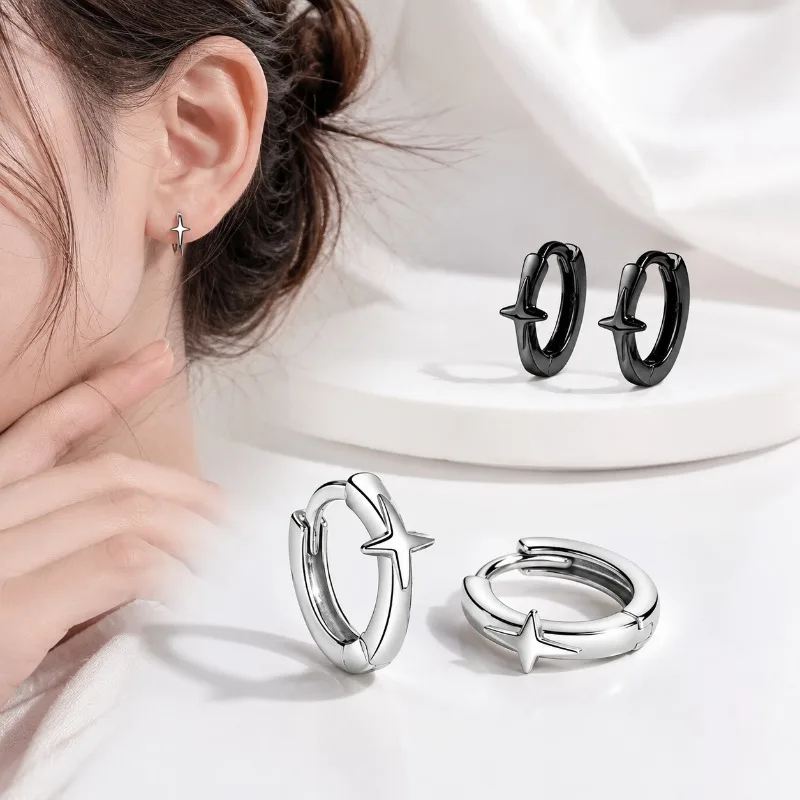 925 Silber Vierzackiger Stern Kreuz-Creolen Hip-Hop Retro Schwarz-Silber Ohrringe für Frauen Mädchen Beliebter Party-Schmuck Geschenke