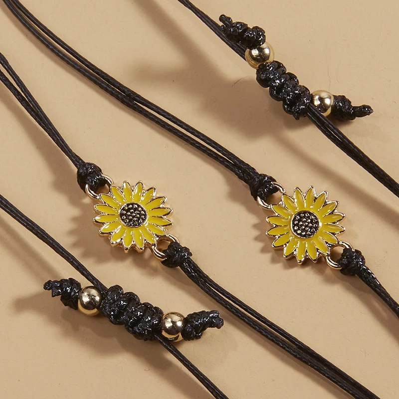 Fashion Sunflower Bracelets Handmade Braided with Black Oil Drip Rope Charm Friendship Wish Card Bangle Couple Alloy Jewelry