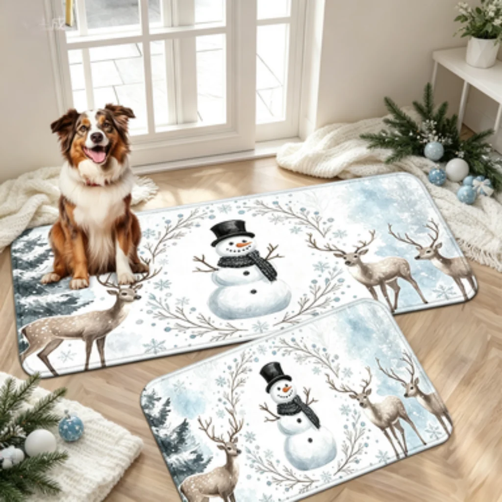 Cool Tone American Christmas Long Runner, Snowy Snowman Reindeer Entrance Mat, Ice Blue Snowflake Texture Doormat.