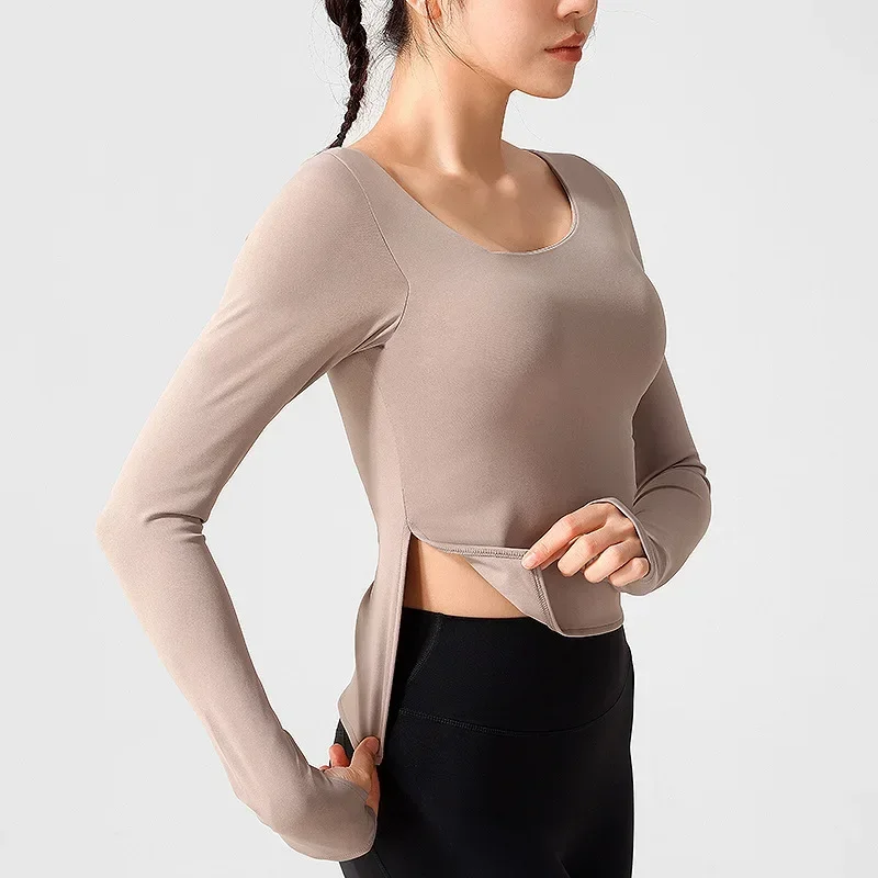 

Autumn New Yoga Wear Long Sleeve Nude Feel High Elasticity Sports T-Shirt Women Integrated Fixed Cups Advanced Fitness Clothing