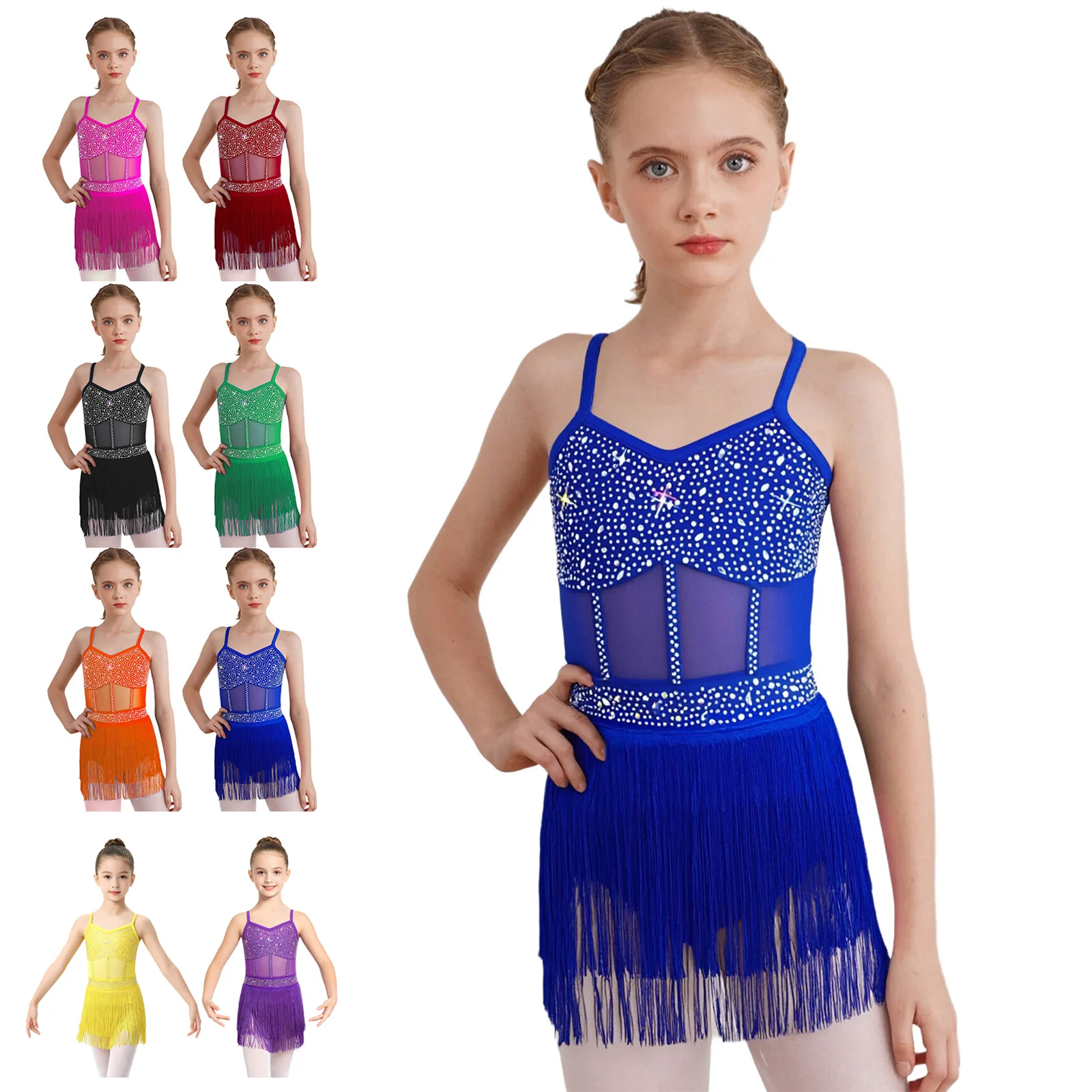 Kids Girls Rhinestone Latin Tango Jazz Dance Leotard Dress Sheer Mesh Tiered Tassel Fringe One Piece Bodysuit Dress Dancewear