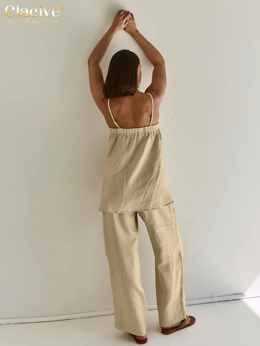 Clacive Casual Loose Khaki Cotton 2 Piece Set Women Outfit 2024 Summer Sleeveless Tank Top With High Waist Wide Pants Set Female