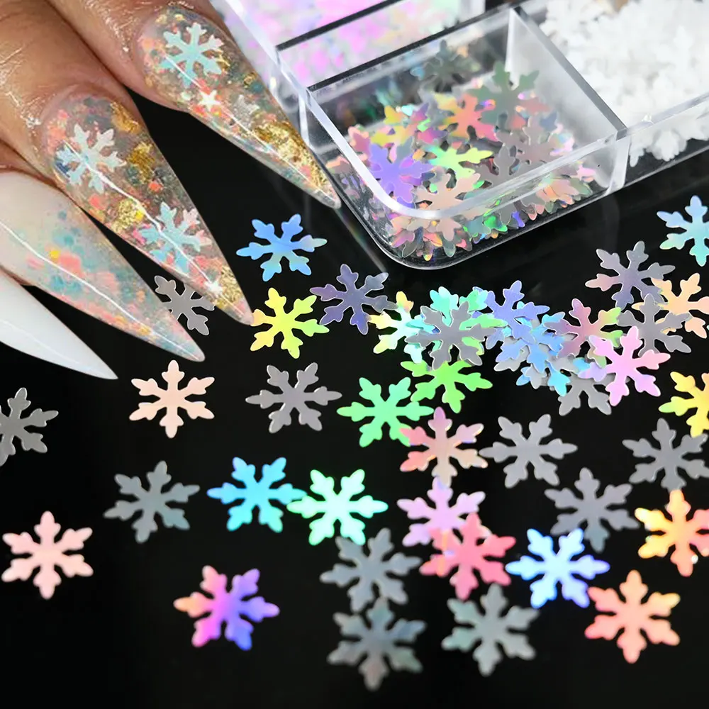 Natal Snowflake Nail Sequins, Glitter Slices, Glitter Floco, Branco, Rosa, Vermelho, Verde, Laser, Estrela, Hexágono, Untra-Thin, 6 Grade