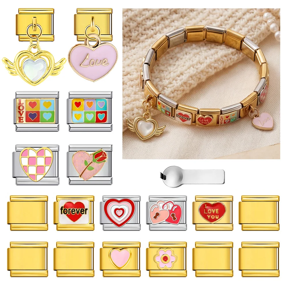 GEMOSA 9mm Italienisches Edelstahl-Armband Liebesblume Ewiges Herz Element Werkzeug-Kombinationsset DIY Charm-Schmuck 19-teiliges Set – Detail 1