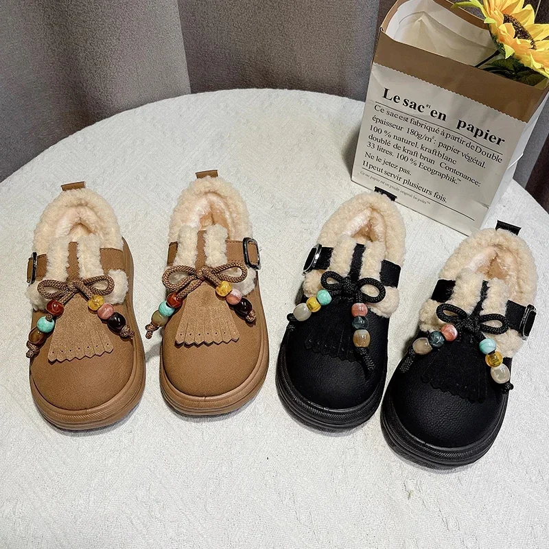 

Kids Fashion Shoes Suede Warm Children Casual Shoes with Sweet Tassels 2025 Winter New Girls Flat Shoes Round Toes Soft Non-slip